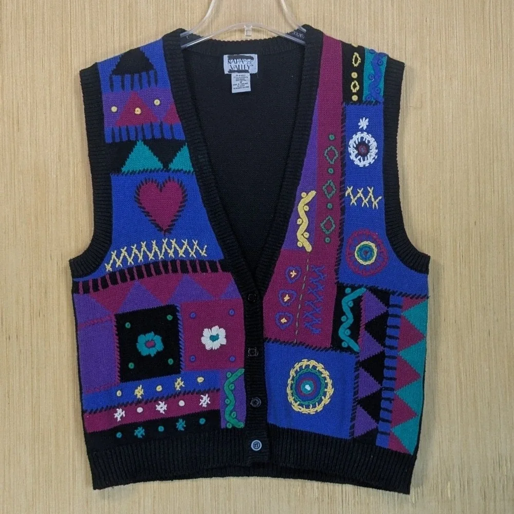 Napa Valley Knit Vest Women's‎ Medium Colorful Patchwork Retro Heart Vtg 90s